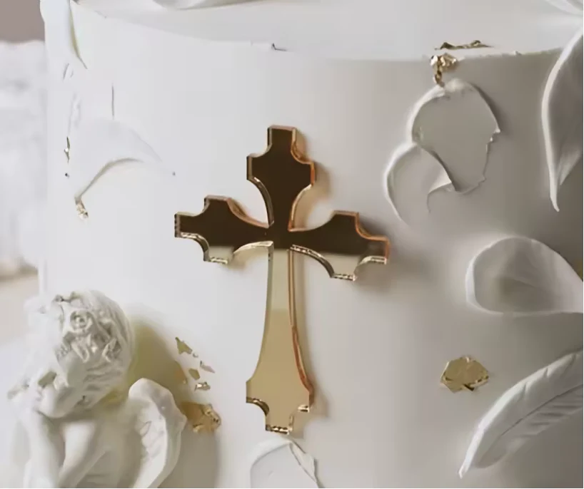 Acrylic Gold Beveled Edge Cross Cake Topper Layon