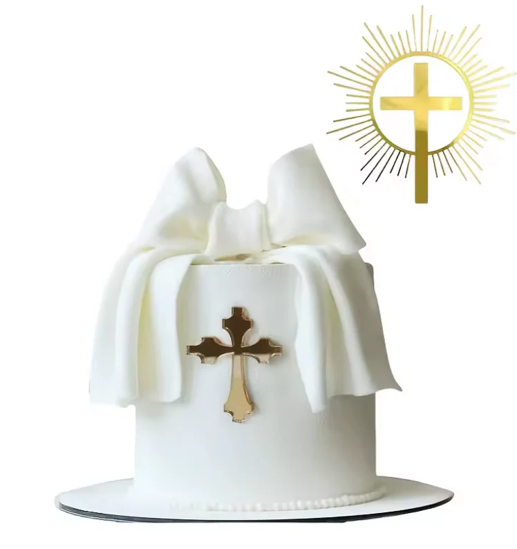 Acrylic Gold Beveled Edge Cross Cake Topper Layon - Image 2