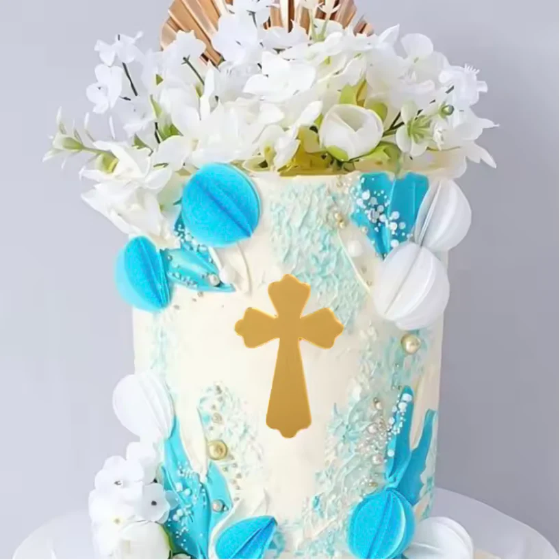 Acrylic Gold Fancy Cross Cake Topper Layon - Image 2