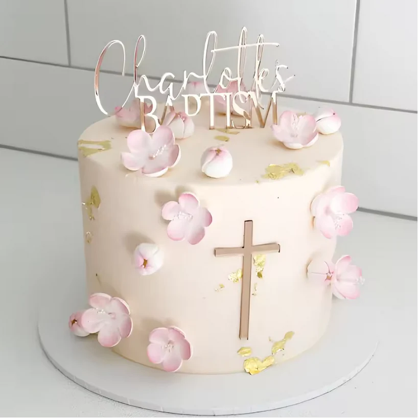 Acrylic Rose Gold/Pink Cross Cake Topper Layon - Image 2
